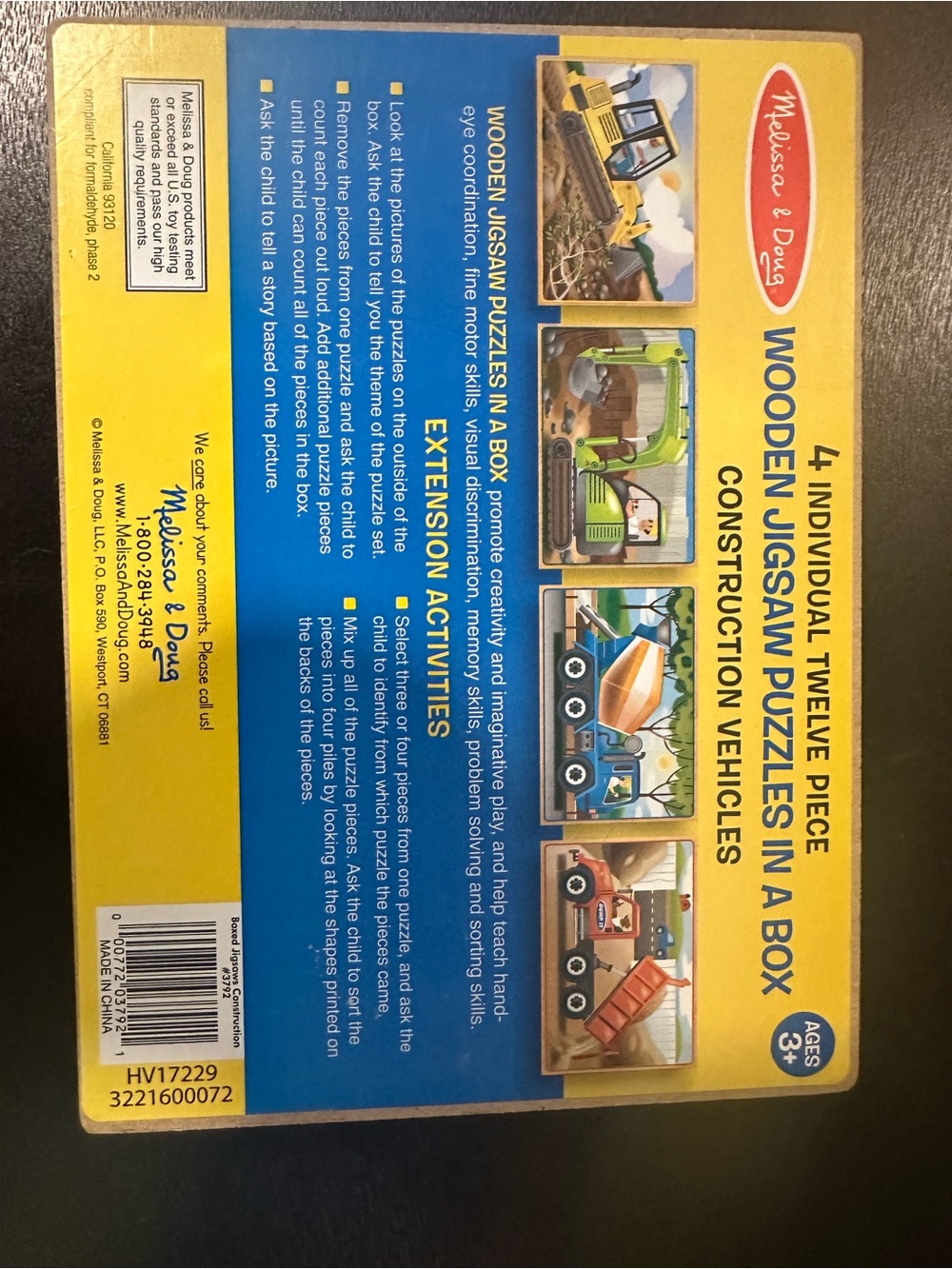 Melissa & Doug Yellow and Blue Construction Vehicle Wooden Jigsaw Set